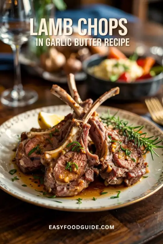 Pan-seared lamb chops drizzled with garlic butter sauce and garnished with rosemary on a rustic wooden table.