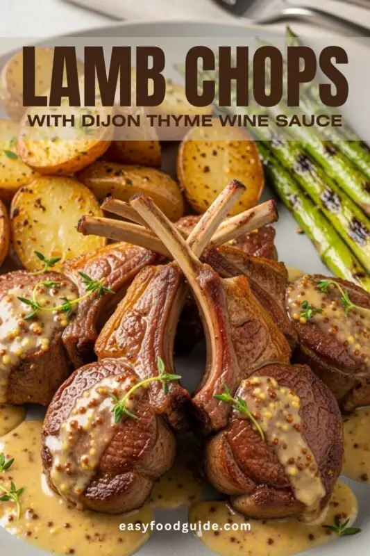 Pan-seared lamb chops with Dijon thyme wine sauce, roasted baby potatoes, and charred asparagus, beautifully arranged on a rustic wooden table.