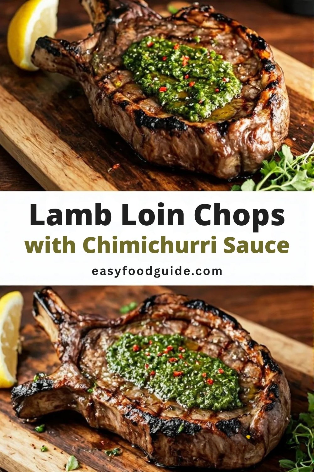 Grilled lamb loin chops with chimichurri sauce on a wooden platter, garnished with lemon and herbs, with a rustic outdoor setting.