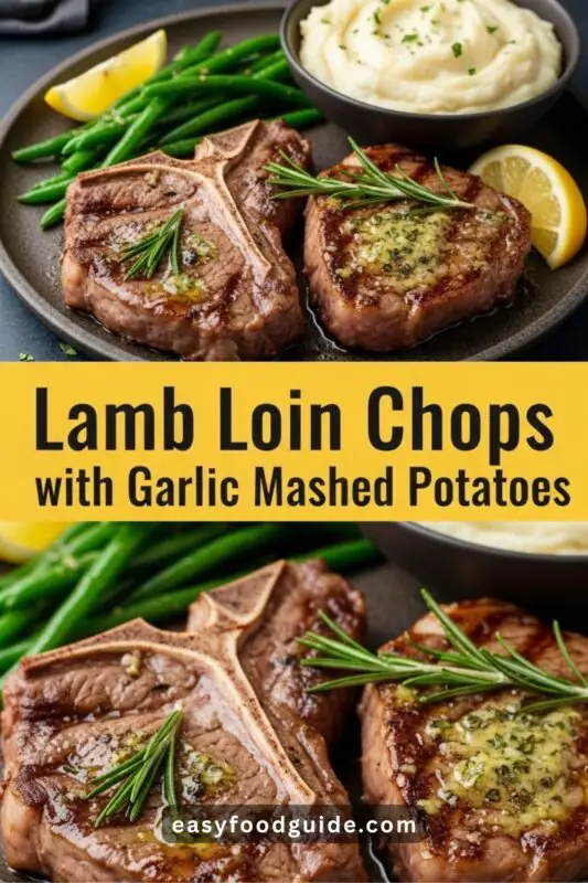 lamb-loin-chops-garlic-potato-03 Pan-seared lamb loin chops with garlic mashed potatoes, green beans, and lemon wedges on a rustic table.