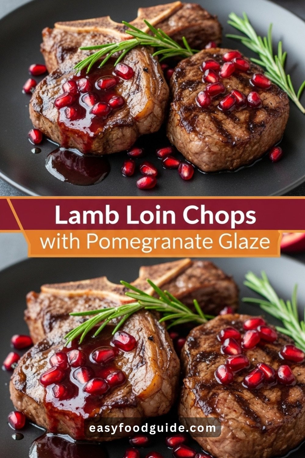 Seared lamb loin chops with pomegranate glaze on a dark plate, garnished with rosemary and pomegranate arils, with candlelight in the background.