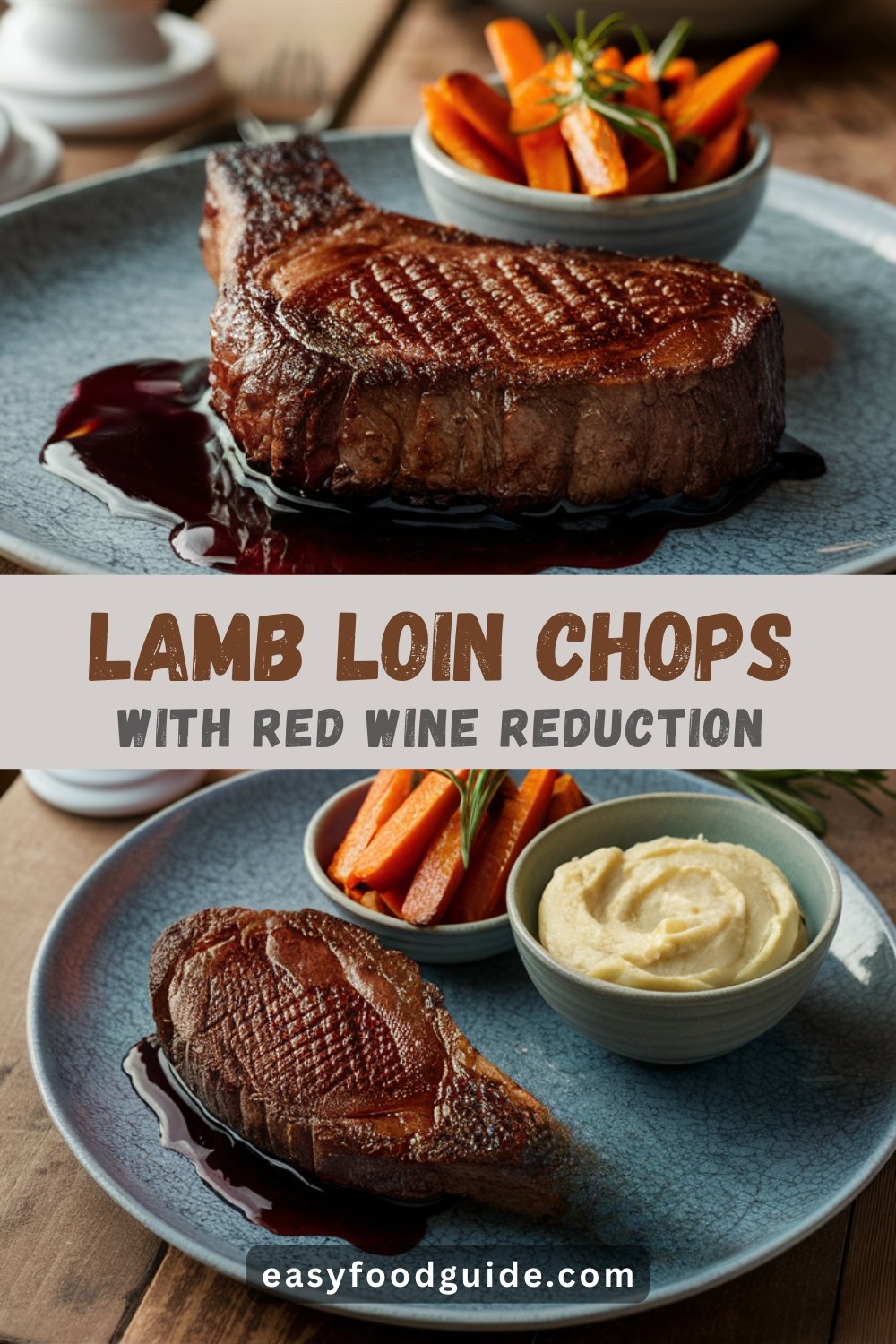 Pan-seared lamb loin chops with red wine reduction on a white plate, served with mashed potatoes and roasted carrots, set against a dark wooden table.