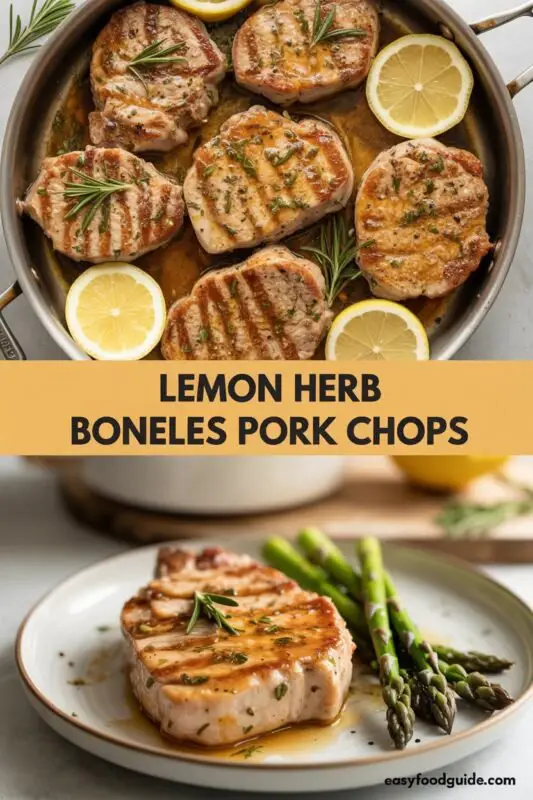 Juicy lemon herb boneless pork chops on a plate with roasted vegetables and garnished with herbs.