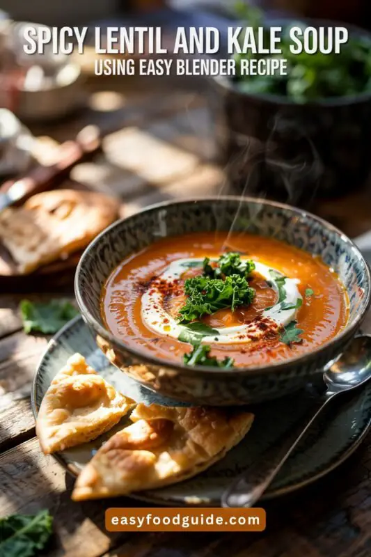 lentil-kale-soup-01 A rustic bowl of spicy lentil and kale soup topped with kale chips and yogurt, served with pita bread.