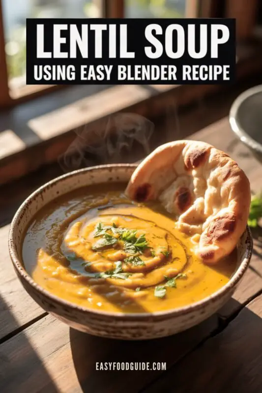 A cozy bowl of creamy lentil soup with a lemon wedge and parsley, accompanied by naan bread.