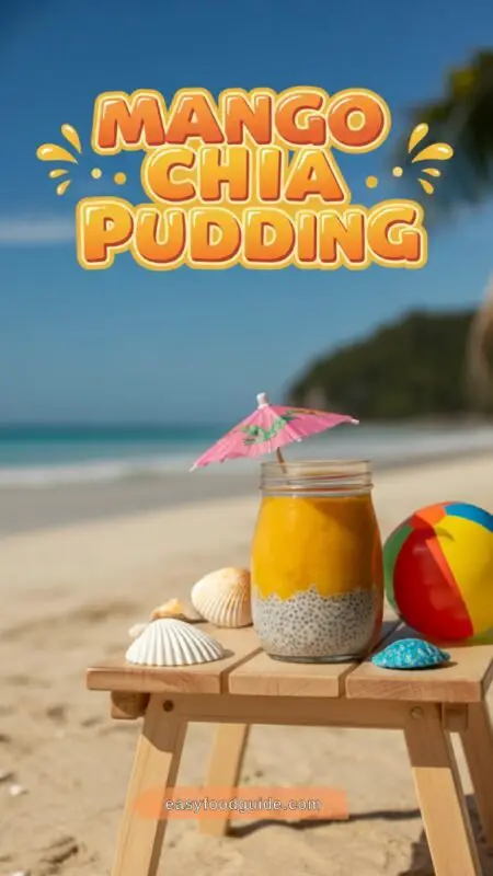A jar of mango chia pudding on a small wooden table at the beach.