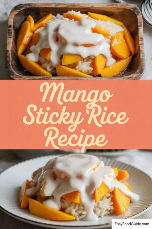 A plate of mango sticky rice with coconut sauce and garnished with toasted mung beans.