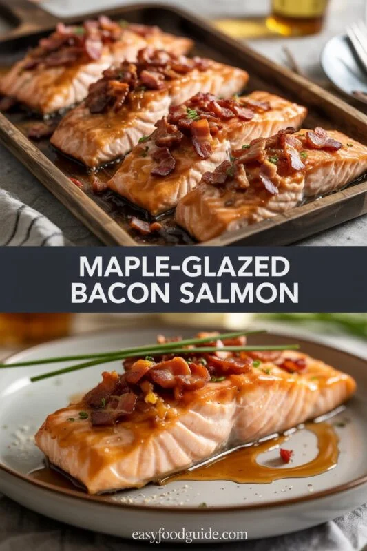A delicious serving of Maple-Glazed Bacon Salmon with crispy bacon on top, garnished with green onions, placed on a rustic table.