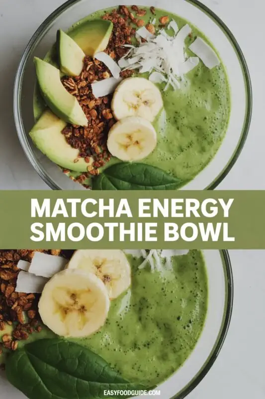 A healthy Matcha Energy Smoothie Bowl filled with green smoothie, topped with granola, coconut flakes, and fruit, on a bright kitchen counter.