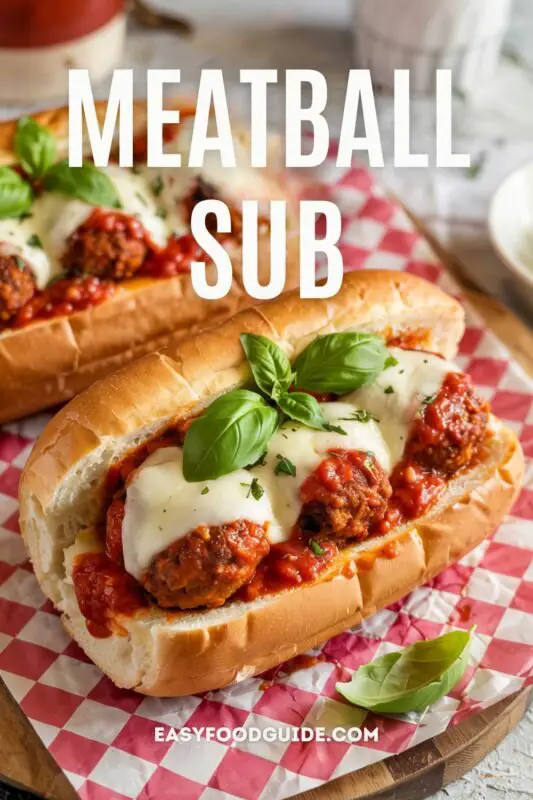 A delicious meatball sub with melted mozzarella and marinara sauce, garnished with basil, served on checkered paper.