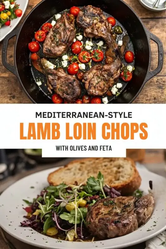 mediterranean-lamb-loin-03 Seared Mediterranean lamb loin chops with olives and feta in a skillet, garnished with oregano and lemon zest.