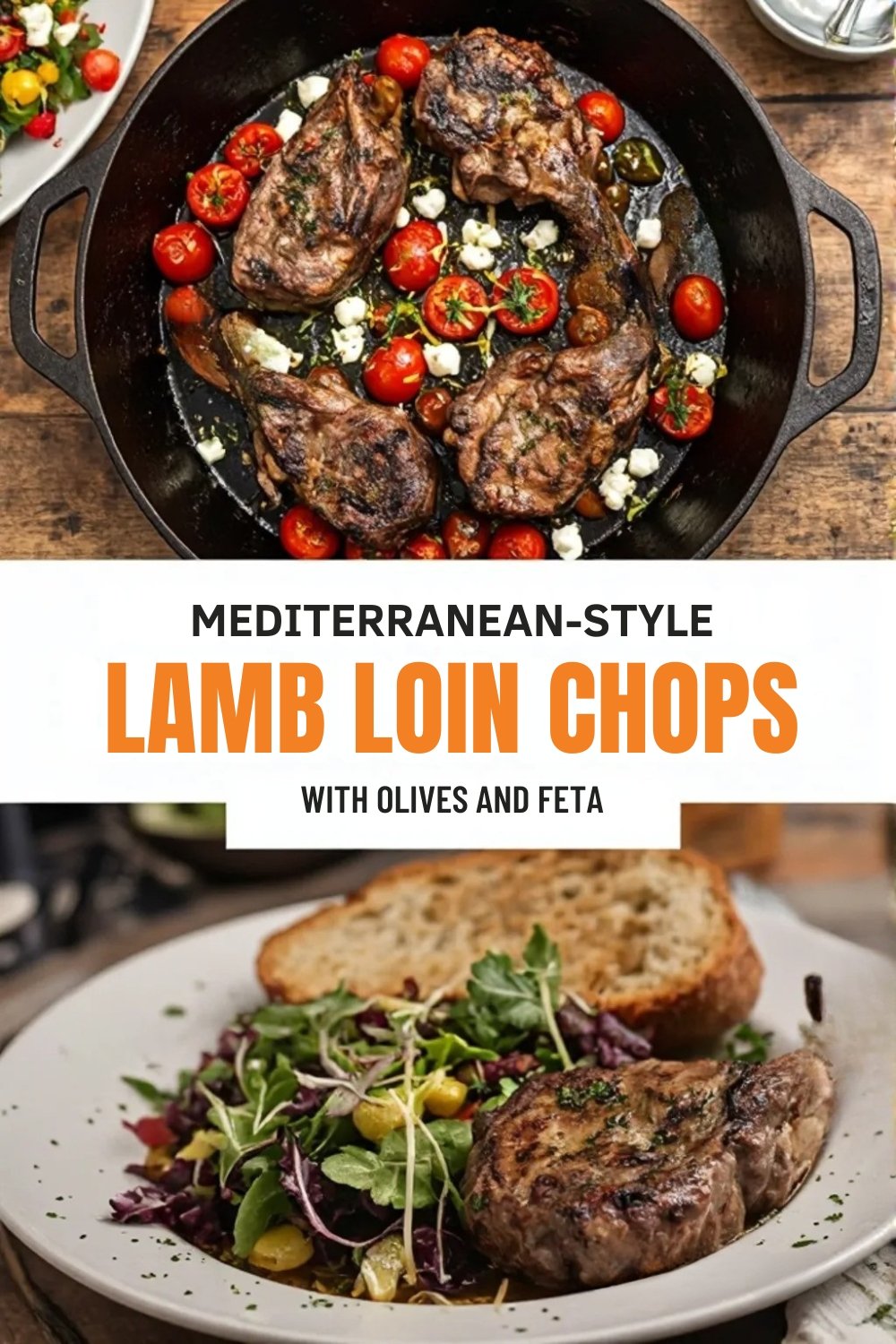 Seared Mediterranean lamb loin chops with olives and feta in a skillet, garnished with oregano and lemon zest.