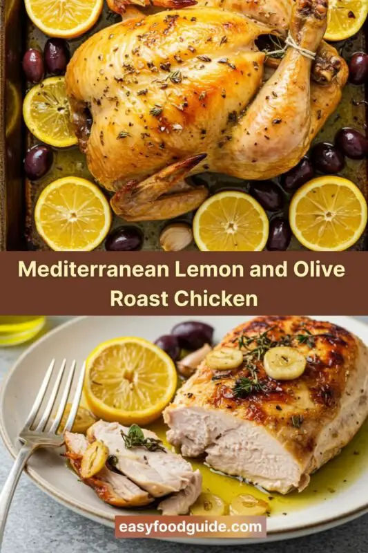 Mediterranean Lemon and Olive Roast Chicken served with lemon slices and olives.