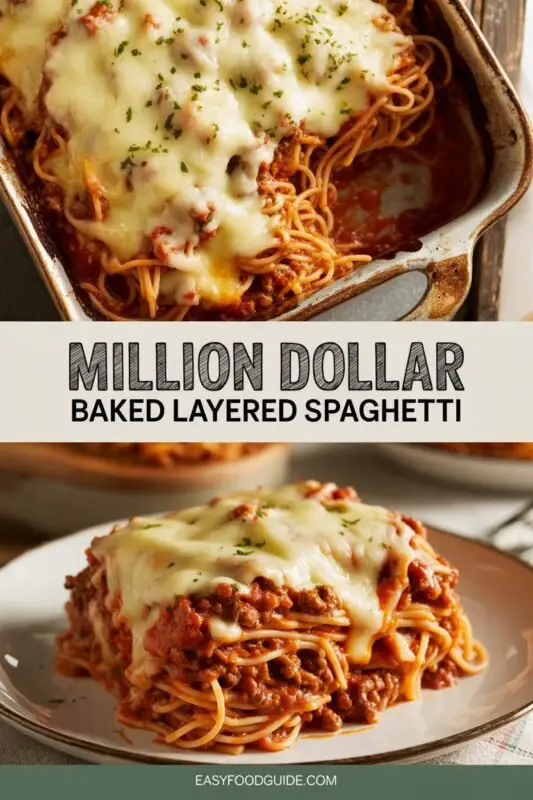 A baked spaghetti casserole with melted cheese, served in a rustic dish, garnished with parsley, alongside garlic bread and a salad.