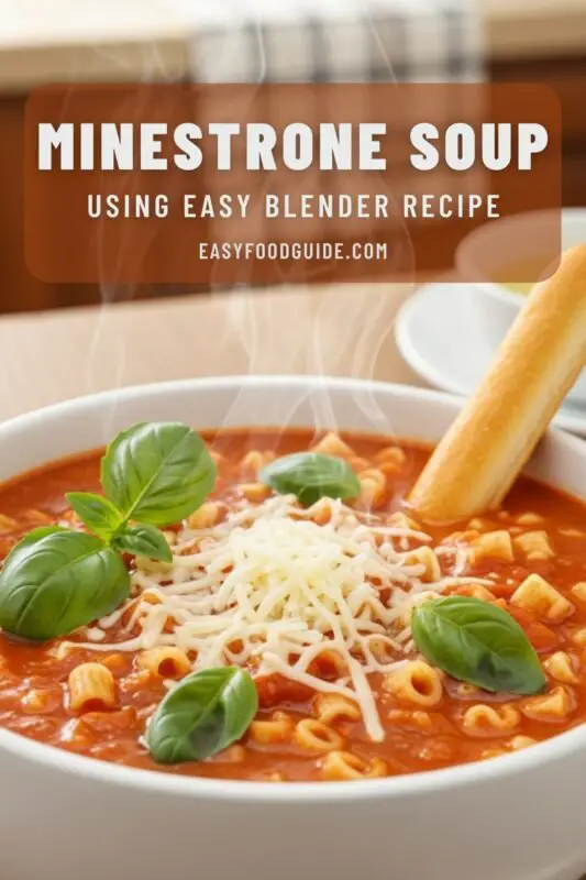 Vegan Minestrone Soup with beans and pasta in a rustic bowl, garnished with Parmesan and basil.