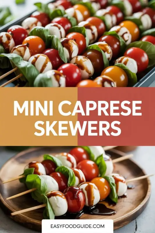 Mini Caprese Skewers with cherry tomatoes, mozzarella balls, and basil drizzled with balsamic glaze on a wooden platter.