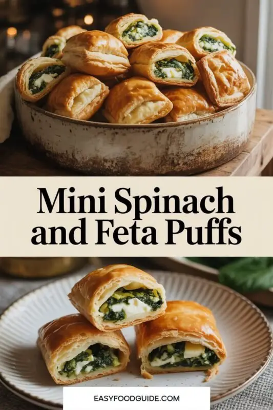 A platter of crispy mini spinach and feta puffs, showcasing their flaky texture and savory filling, perfect for a festive gathering.