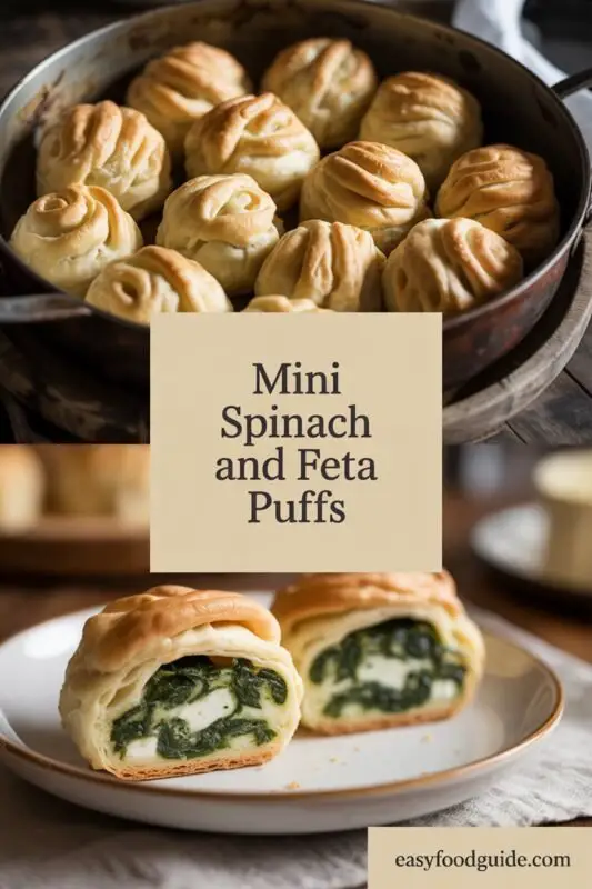 A platter of crispy mini spinach and feta puffs, showcasing their flaky texture and savory filling, perfect for a festive gathering.