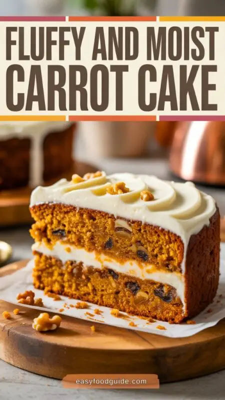 A slice of moist carrot cake with cream cheese frosting, garnished with walnuts, on a rustic wooden table.