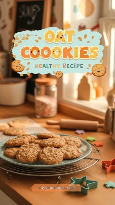Freshly baked oat cookies cooling on a wire rack in a cheerful kitchen.