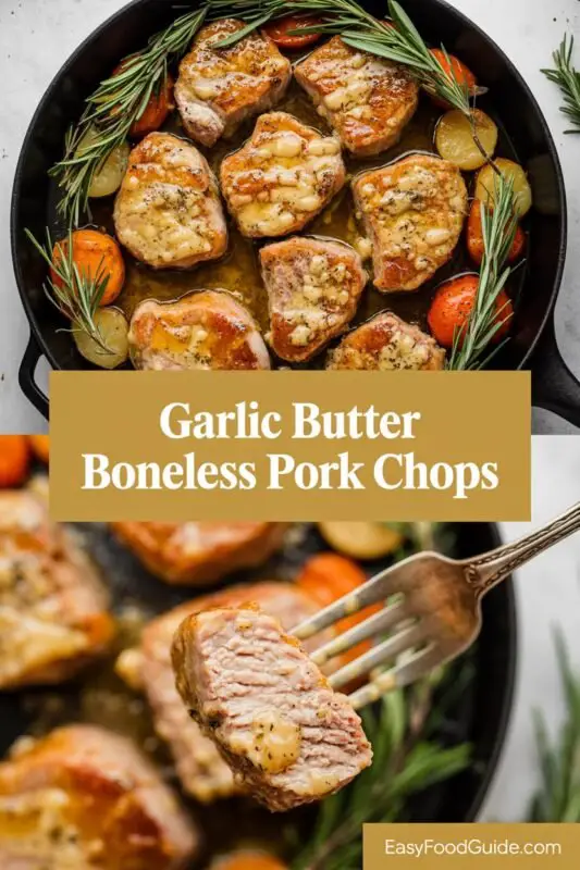 Juicy boneless pork chops in garlic butter sauce, garnished with parsley.