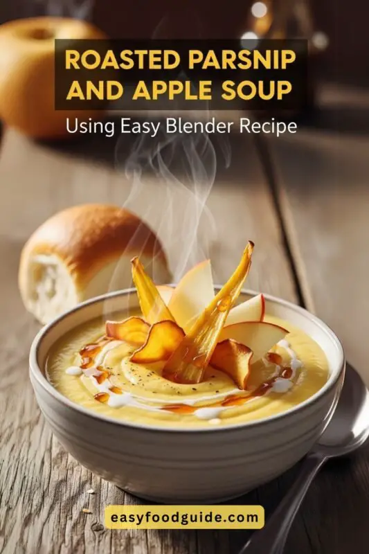 parsnip-apple-soup-01 Creamy roasted parsnip and apple soup in a light blue bowl, topped with apple slices and parsnip chips, accompanied by a warm dinner roll.