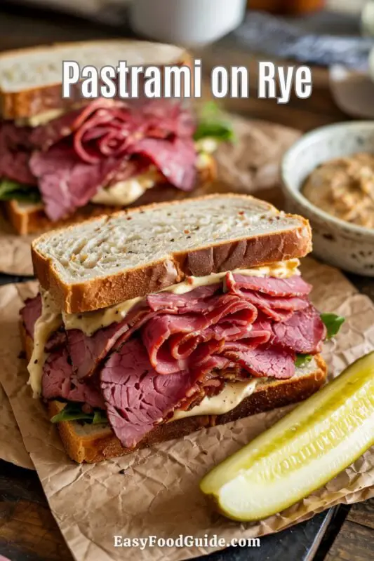 A hearty pastrami on rye sandwich with mustard, served on deli paper with a kosher dill pickle.