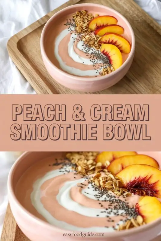 A refreshing peach smoothie bowl garnished with peach slices, granola, and chia seeds on a rustic wooden table.