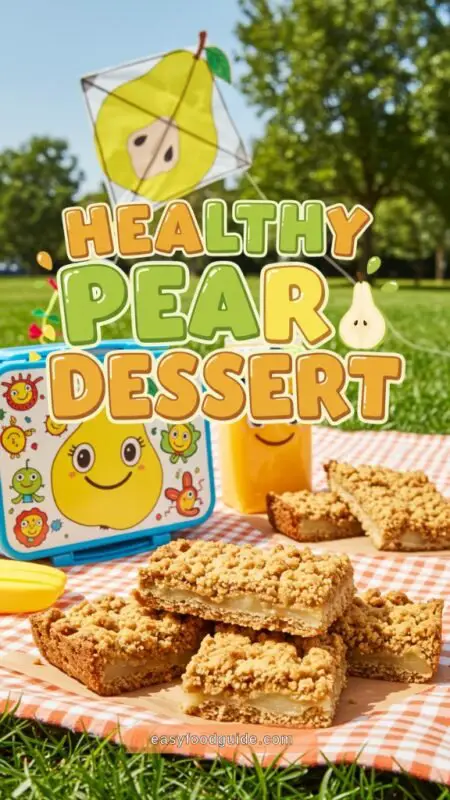 Healthy Pear Oatmeal Crumb Bars on a picnic blanket in a sunny park.