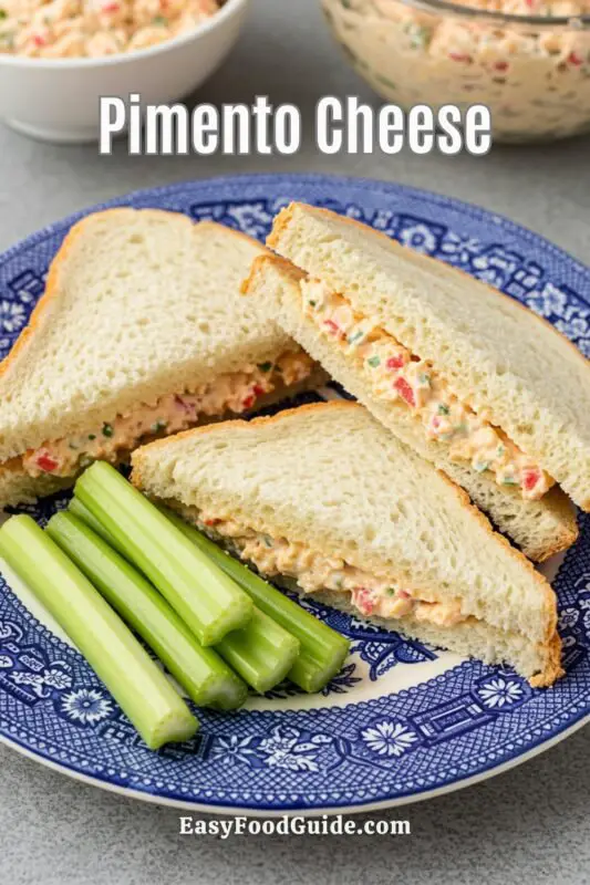 Southern pimento cheese sandwiches on blue willow plate with celery sticks.