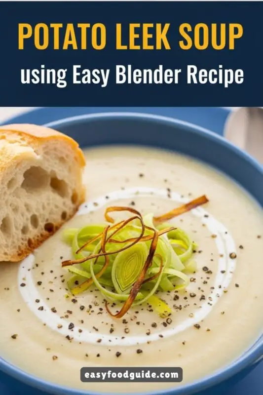 Creamy potato leek soup in a blue bowl garnished with crispy leeks and black pepper, alongside a warm baguette.