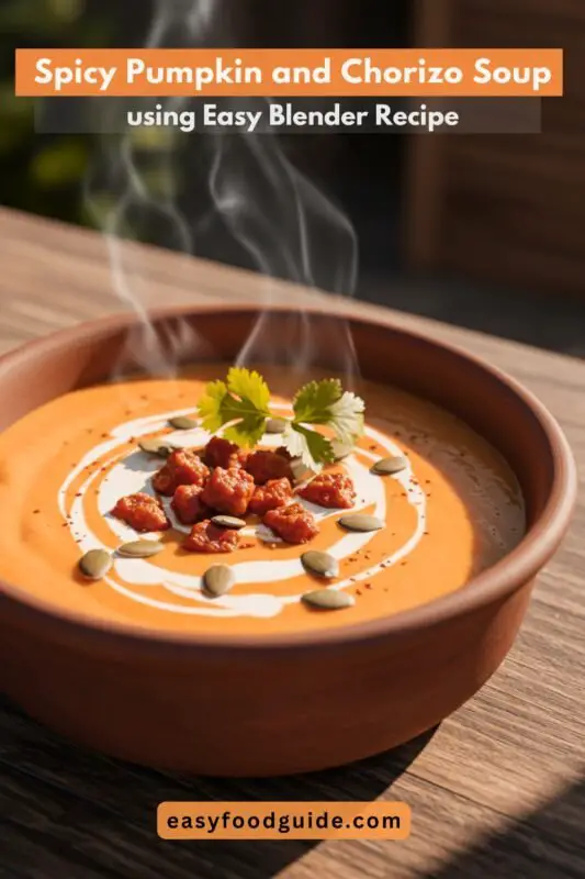 pumpkin-chorizo-soup-01 A cozy bowl of spicy pumpkin and chorizo soup with chorizo bits and pumpkin seeds, served with rustic bread in moody lighting.