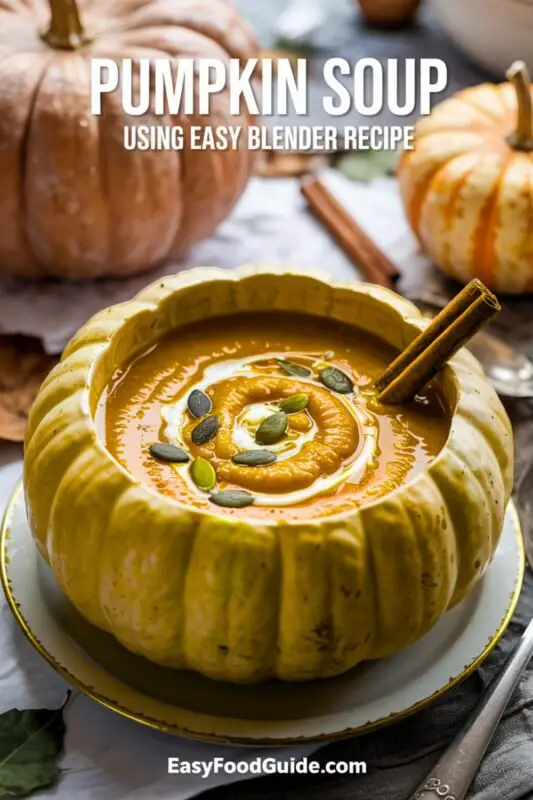 A bowl of creamy vegan pumpkin soup topped with cream and pumpkin seeds, alongside a cinnamon stick.