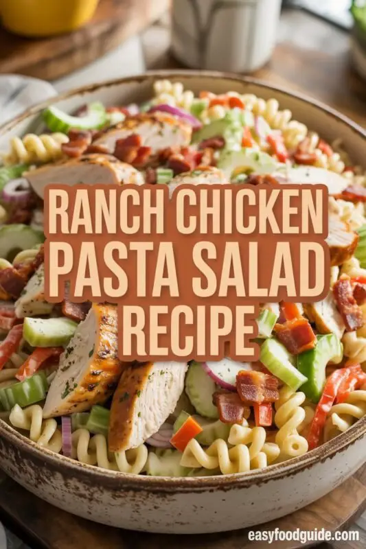 A bowl of ranch chicken pasta salad with pasta, chicken, bacon, and veggies in ranch dressing, garnished with parsley.