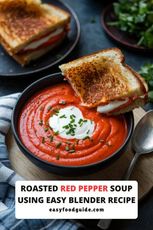 Creamy roasted red pepper soup in a black bowl, garnished with crème fraîche and chives, next to a grilled cheese sandwich.