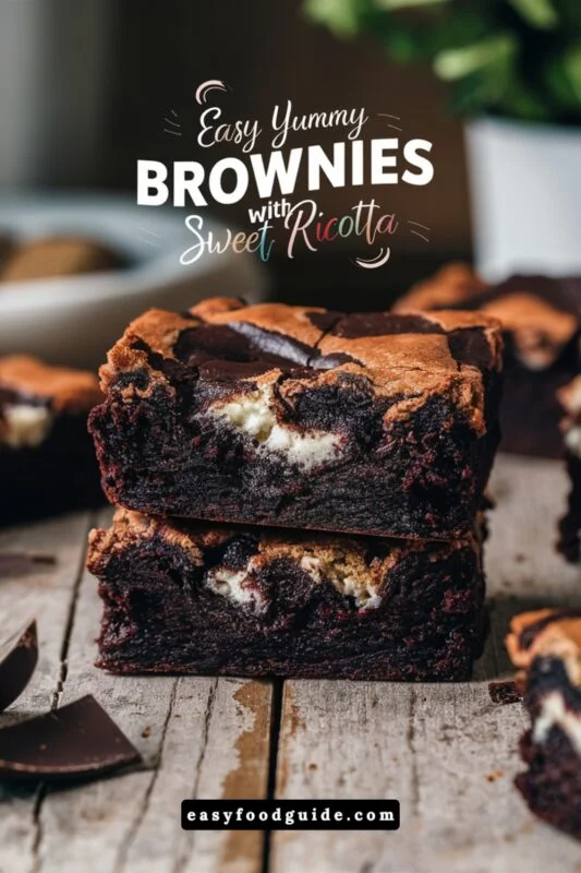 Rich fudgy brownie with marbled ricotta interior, garnished with chocolate shavings on a rustic wooden table.