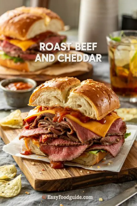 A hearty roast beef and cheddar sandwich with melted cheese on an onion bun, surrounded by kettle chips and iced tea.