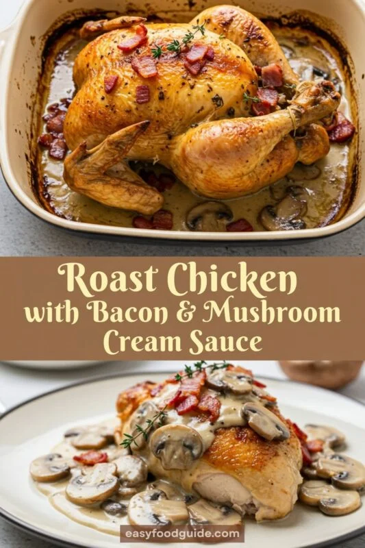 Roast chicken with bacon and mushroom cream sauce