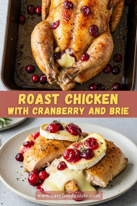 A roasted chicken with cranberry glaze and melted brie cheese, garnished with parsley, presented on a festive table for Christmas dinner.