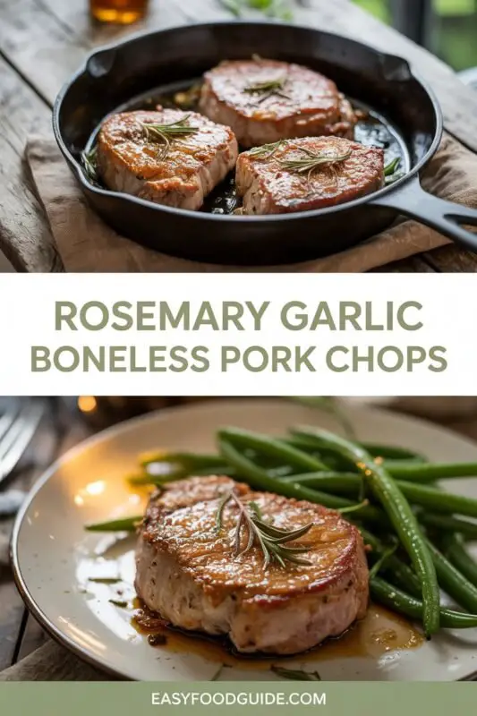 Golden brown rosemary garlic boneless pork chops garnished with rosemary and lemon, served on a rustic table.