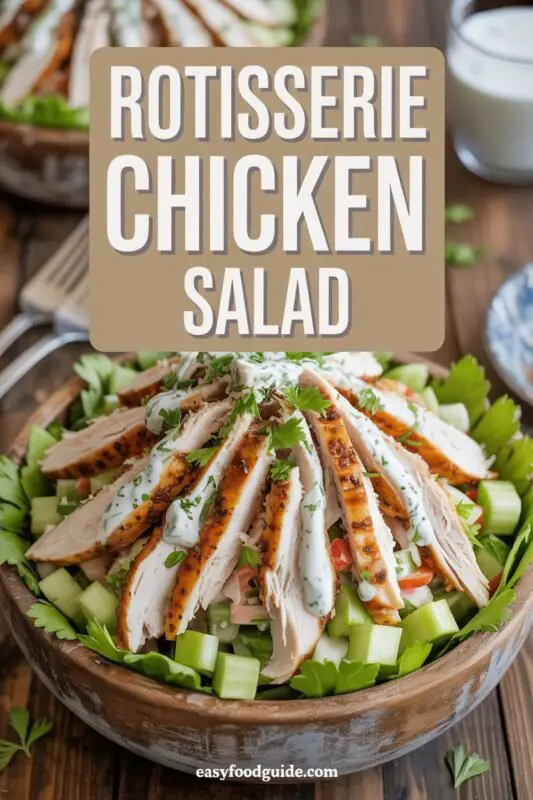 A bowl of rotisserie chicken salad with celery, red onion, and Greek yogurt dressing, garnished with herbs.