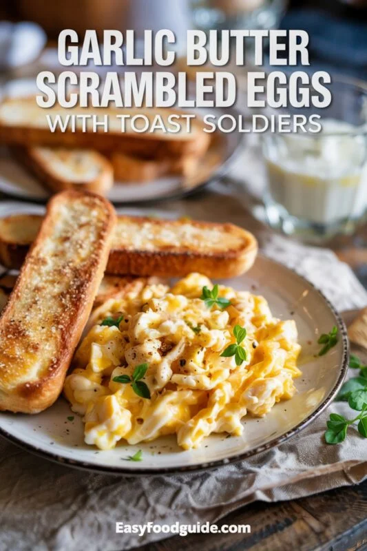 Garlic Butter Scrambled Eggs with Toast Soldiers on a wooden table, illuminated by soft morning light.