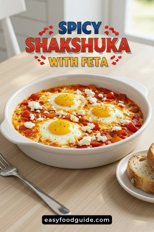 A vibrant pan of spicy shakshuka with poached eggs and feta, ready to be served.
