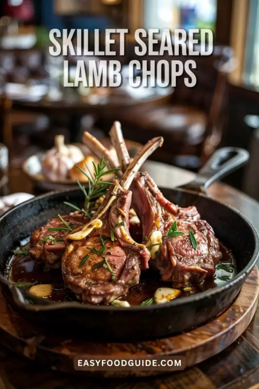 Skillet seared lamb chops with garlic butter, garnished with rosemary on a rustic table.