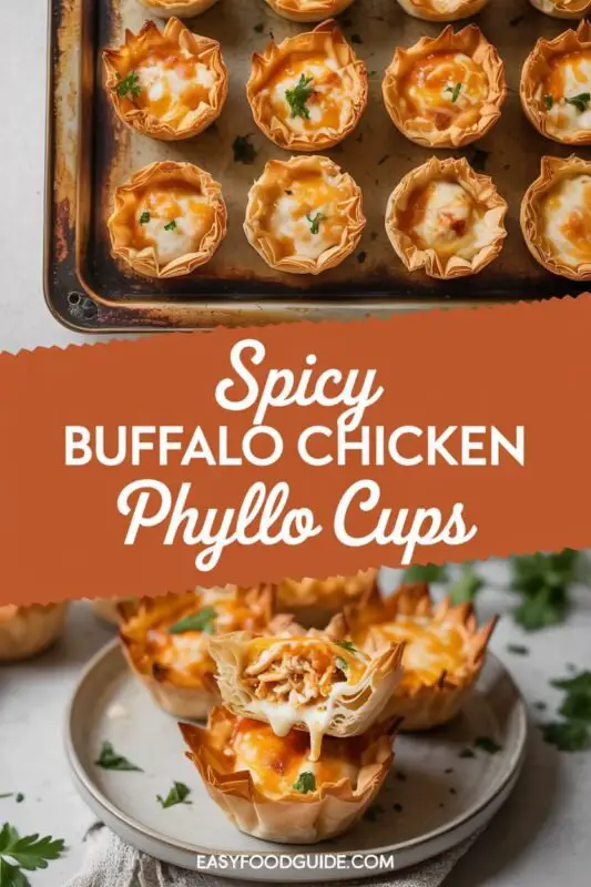 A close-up of crispy Spicy Buffalo Chicken Phyllo Cups filled with creamy buffalo chicken, garnished with green onions on a wooden table.