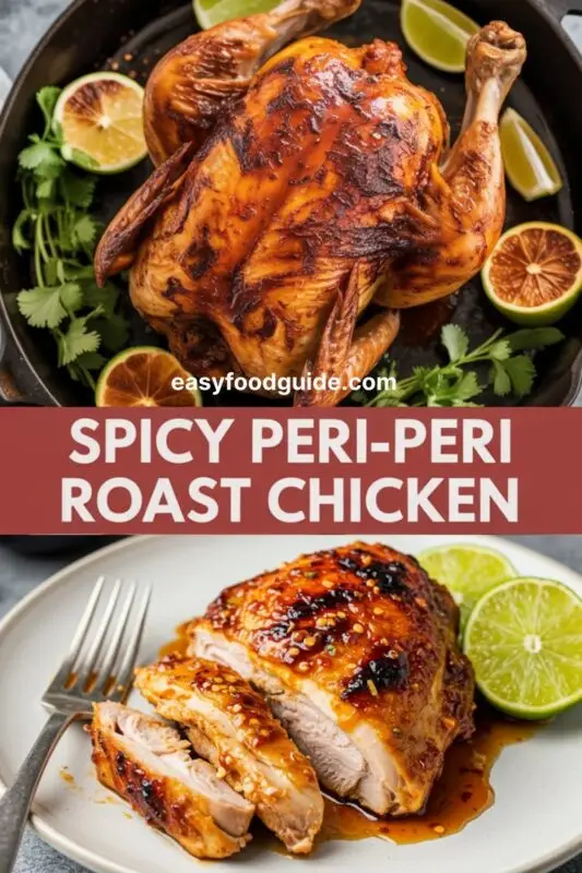 Roasted spicy Peri-Peri chicken on a wooden board with lime wedges and chili peppers.