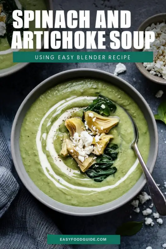 Creamy spinach and artichoke soup in a grey bowl with toppings, served with bread.