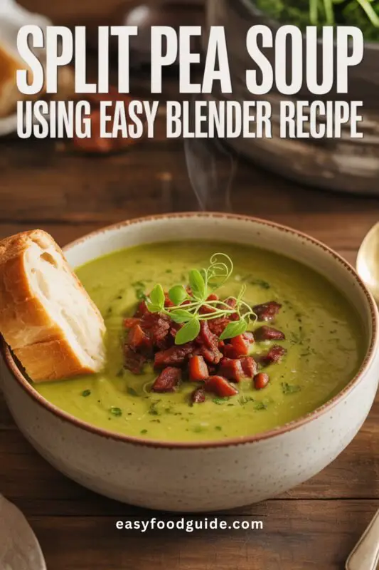 Bowl of split pea soup with ham bits and pea shoots, accompanied by crusty bread on a rustic table.