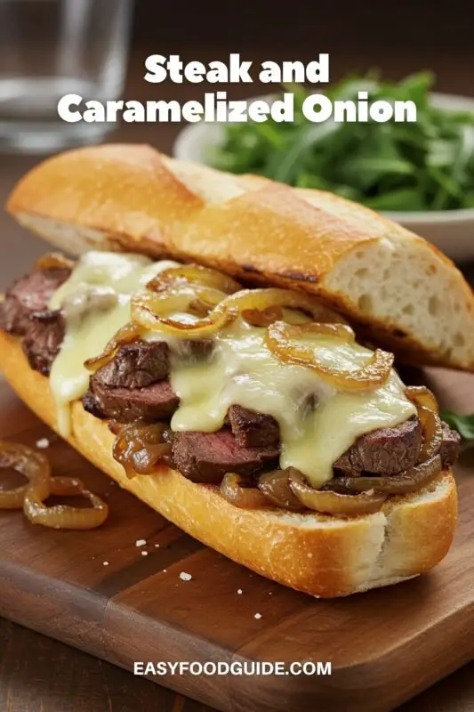 Gourmet Steak and Caramelized Onion Sandwich on a toasted baguette with arugula salad, served on a wooden board.