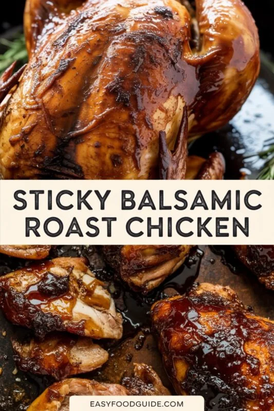 Sticky Balsamic Roast Chicken glazed with balsamic sauce.